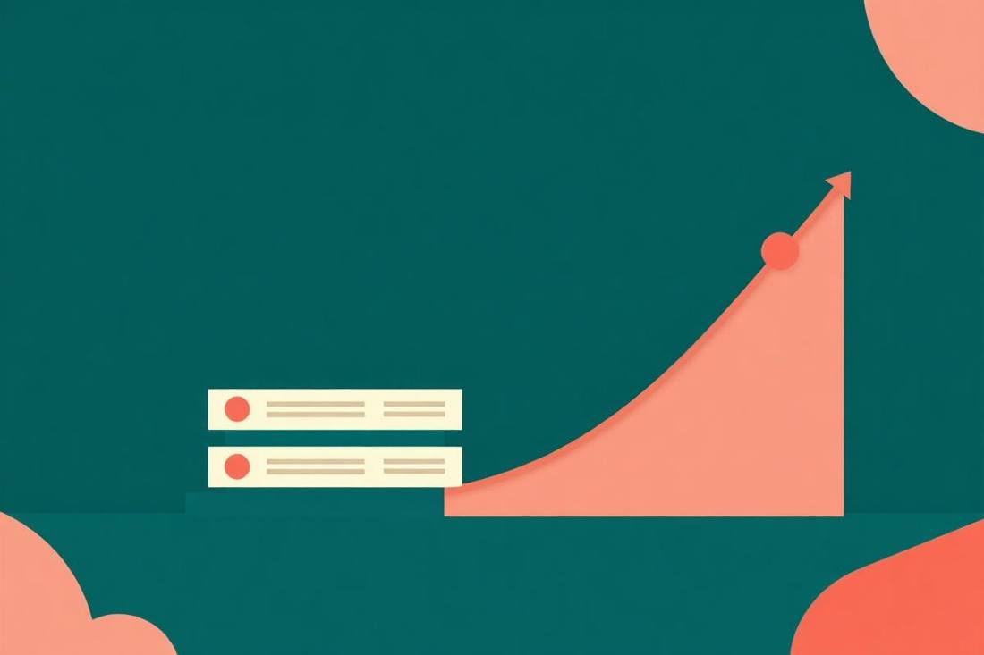 Illustration of content cards and a rising growth curve